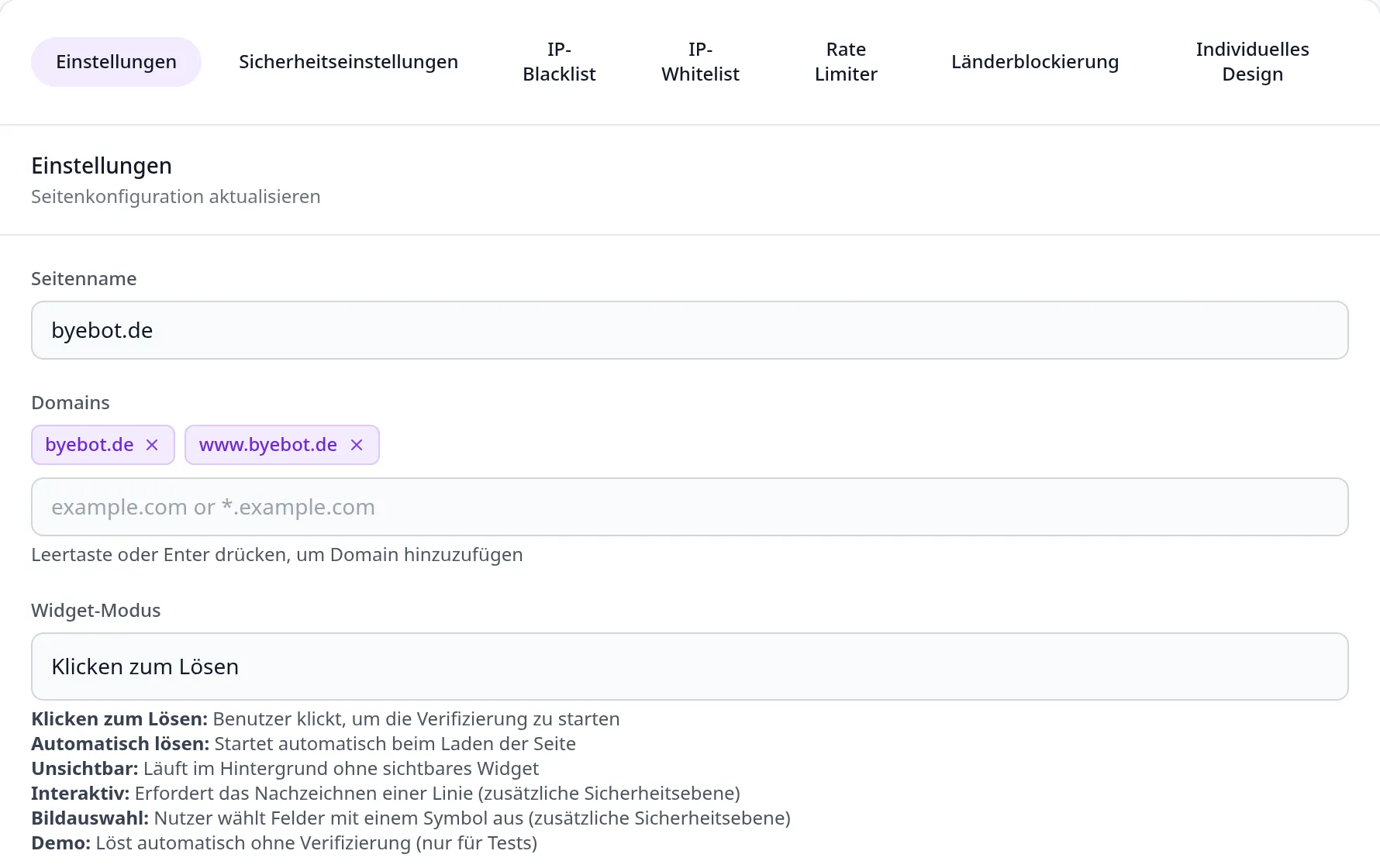 Dashboard, Reiter Einstellungen: Seitenname, Domains und die Auswahl des Widget-Modus, darunter die sechs Modi mit je einer Zeile Erklärung, von Klicken zum Lösen bis Demo.