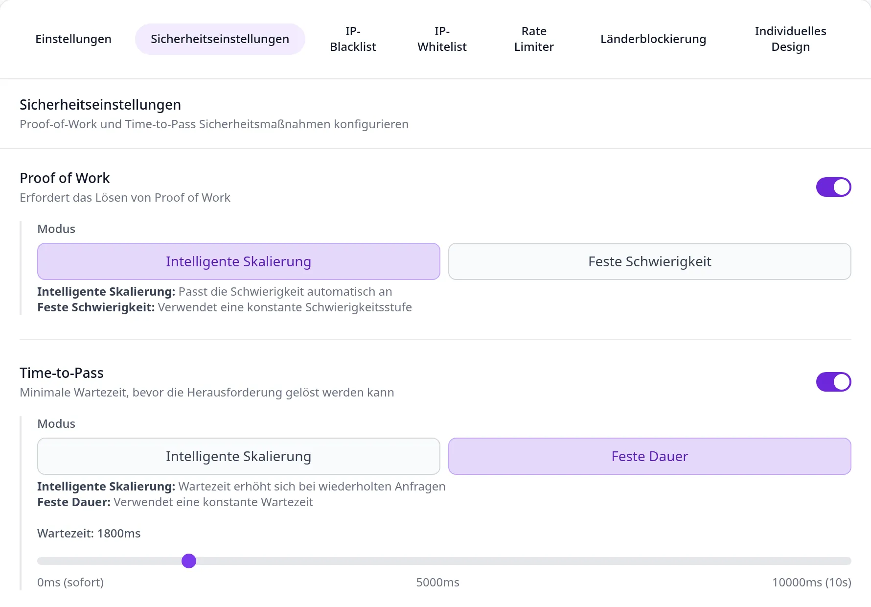Dashboard, Reiter Sicherheitseinstellungen: Schalter für Proof of Work und Time-to-Pass, jeweils mit Auswahl zwischen intelligenter Skalierung und festem Wert. Daneben die Reiter IP-Blacklist, IP-Whitelist, Rate Limiter und Länderblockierung.